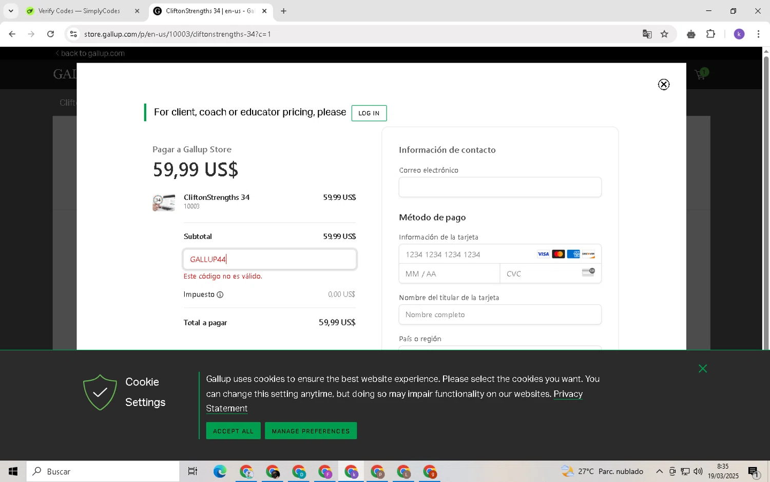 Gallup promo code screenshot showing code GALLUP44 applied at Gallup checkout page. Uploaded by SimplyCodes community member NobleGenius1697 on Mar 19, 2025
