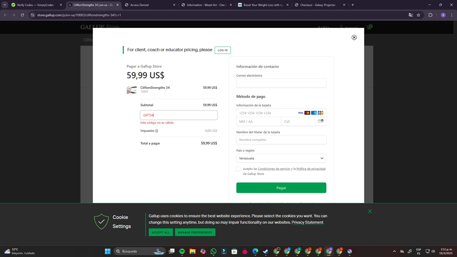 Gallup promo code screenshot showing code GIFT34 applied at Gallup checkout page. Uploaded by SimplyCodes community member BrilliantSentinel3167 on Mar 19, 2025