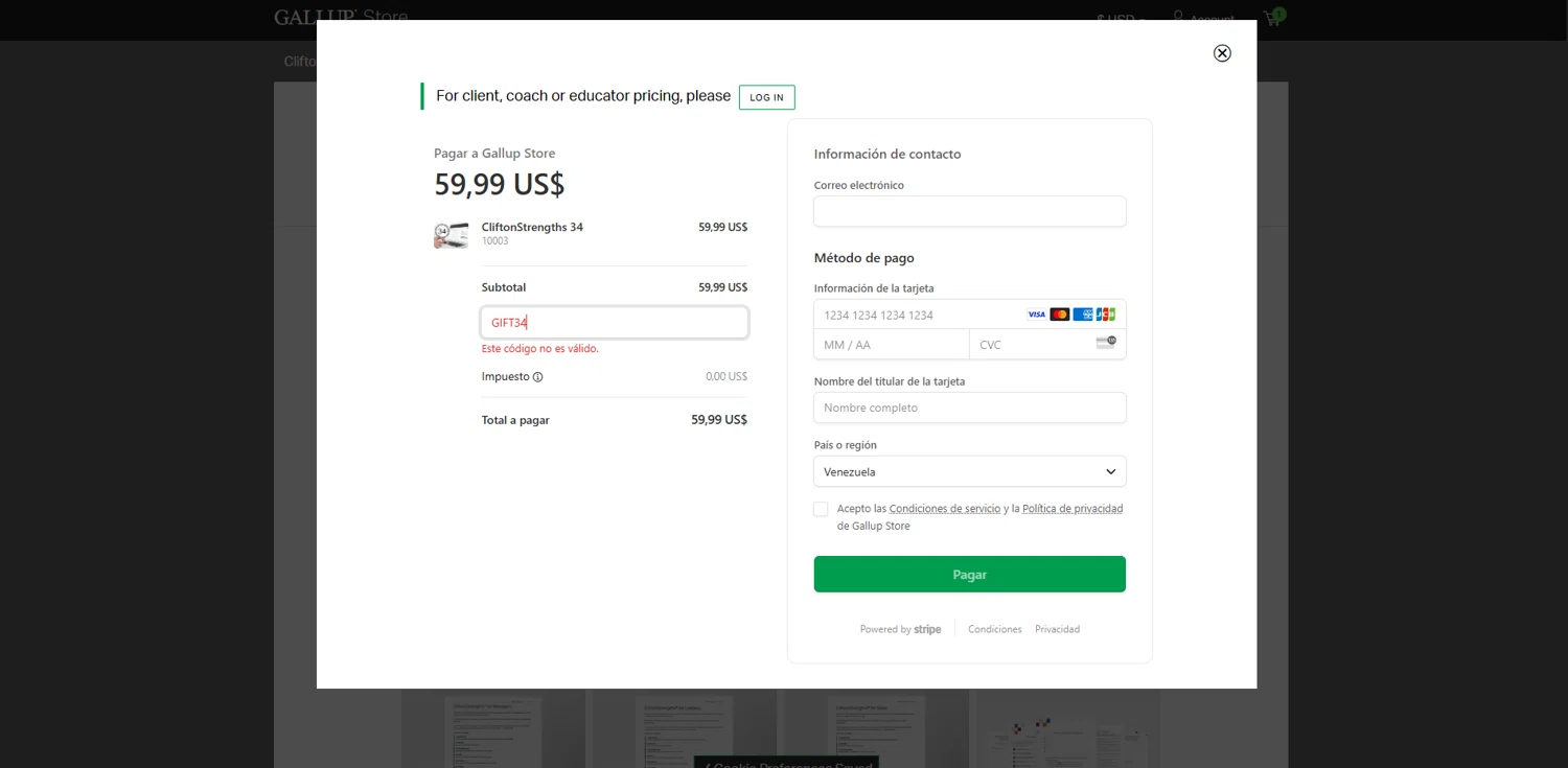 Gallup promo code screenshot showing code GIFT34 applied at Gallup checkout page. Uploaded by SimplyCodes community member BrilliantVoyager5752 on Mar 24, 2025
