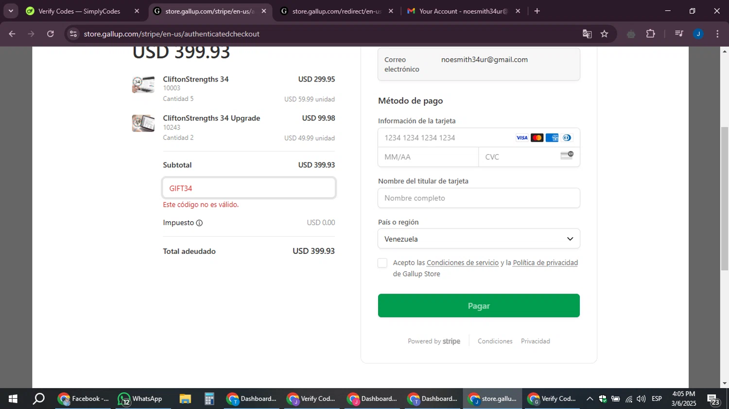 Gallup promo code screenshot showing code GIFT34 applied at Gallup checkout page. Uploaded by SimplyCodes community member noesmith34ur on Mar 6, 2025
