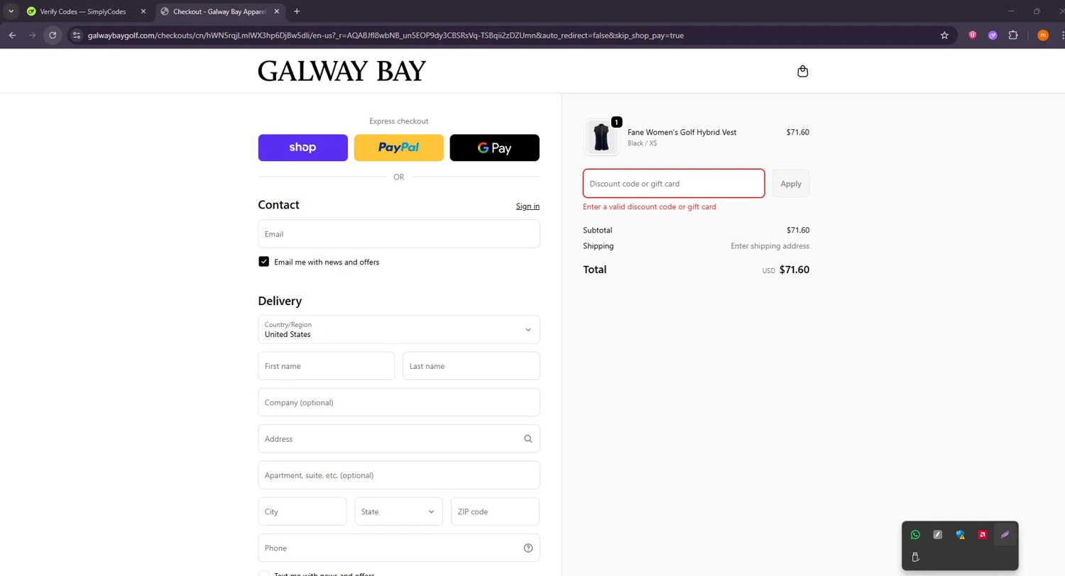 Galway Bay Apparel, LLC promo code screenshot showing code FallPack applied at Galway Bay Apparel, LLC checkout page. Uploaded by SimplyCodes community member Davoxeneixe on Nov 29, 2025