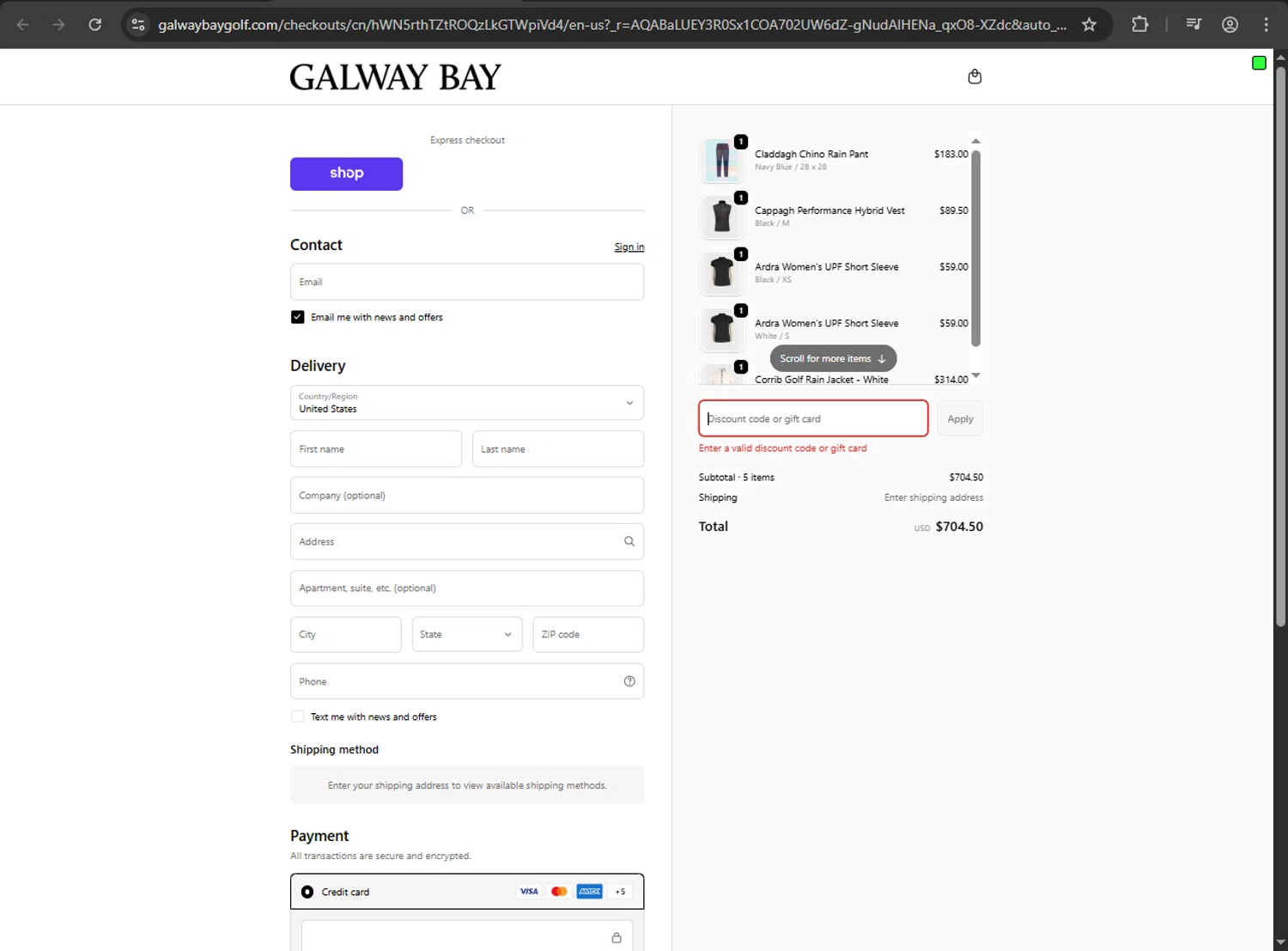 Galway Bay Apparel, LLC promo code screenshot showing code FallPack applied at Galway Bay Apparel, LLC checkout page. Uploaded by SimplyCodes community member ValiantFox2134 on Nov 29, 2025