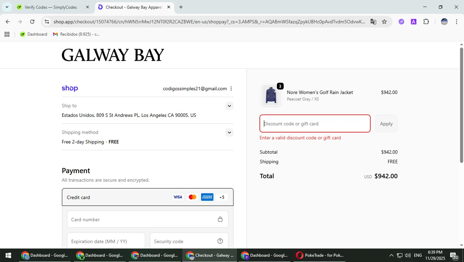 Galway Bay Apparel, LLC promo code screenshot showing code SUMMER15 applied at Galway Bay Apparel, LLC checkout page. Uploaded by SimplyCodes community member TrevorPhilips on Nov 29, 2025