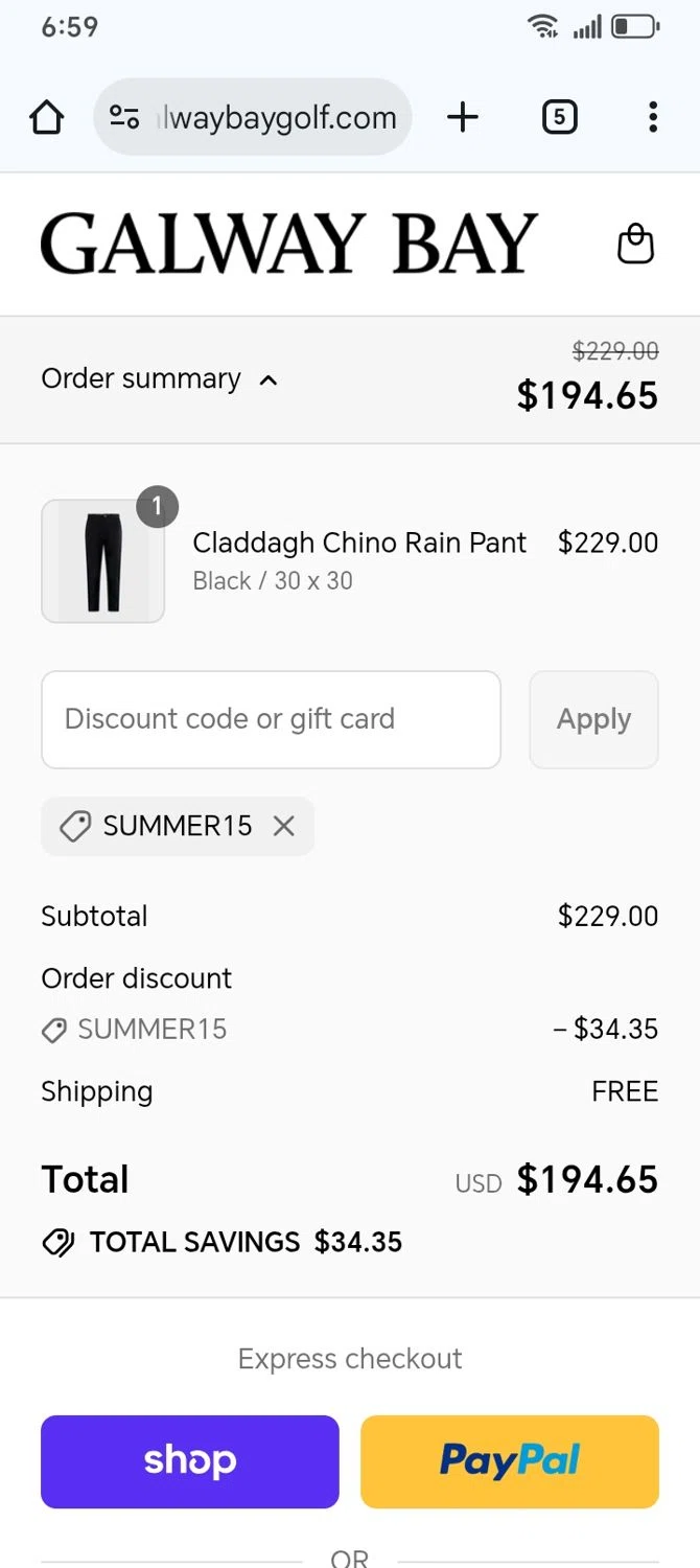 Galway Bay Apparel, LLC promo code screenshot showing code SUMMER15 applied at Galway Bay Apparel, LLC checkout page. Uploaded by SimplyCodes community member franksanchez on Sep 8, 2025