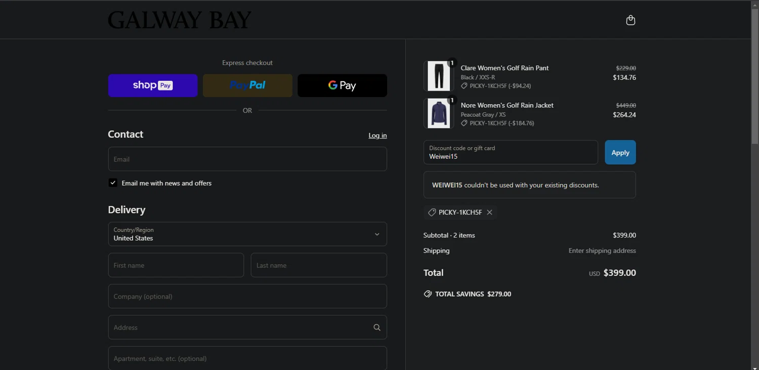 Galway Bay Apparel, LLC promo code screenshot showing code Weiwei15 applied at Galway Bay Apparel, LLC checkout page. Uploaded by SimplyCodes community member Nor_man on Mar 28, 2025