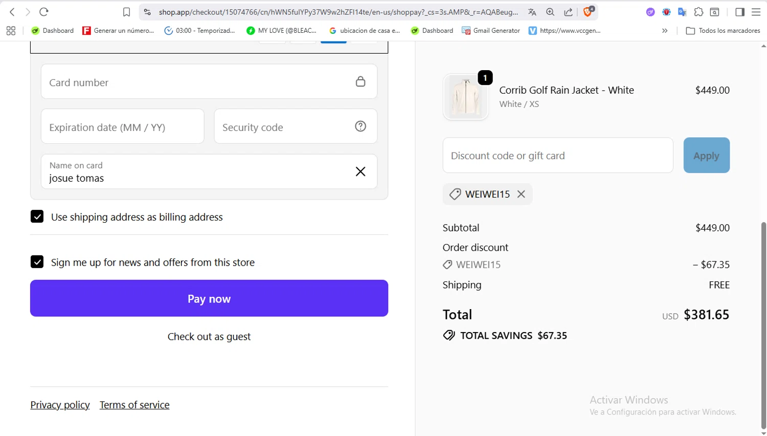 Galway Bay Apparel, LLC promo code screenshot showing code Weiwei15 applied at Galway Bay Apparel, LLC checkout page. Uploaded by SimplyCodes community member VoucherFalcon3942 on Nov 24, 2025