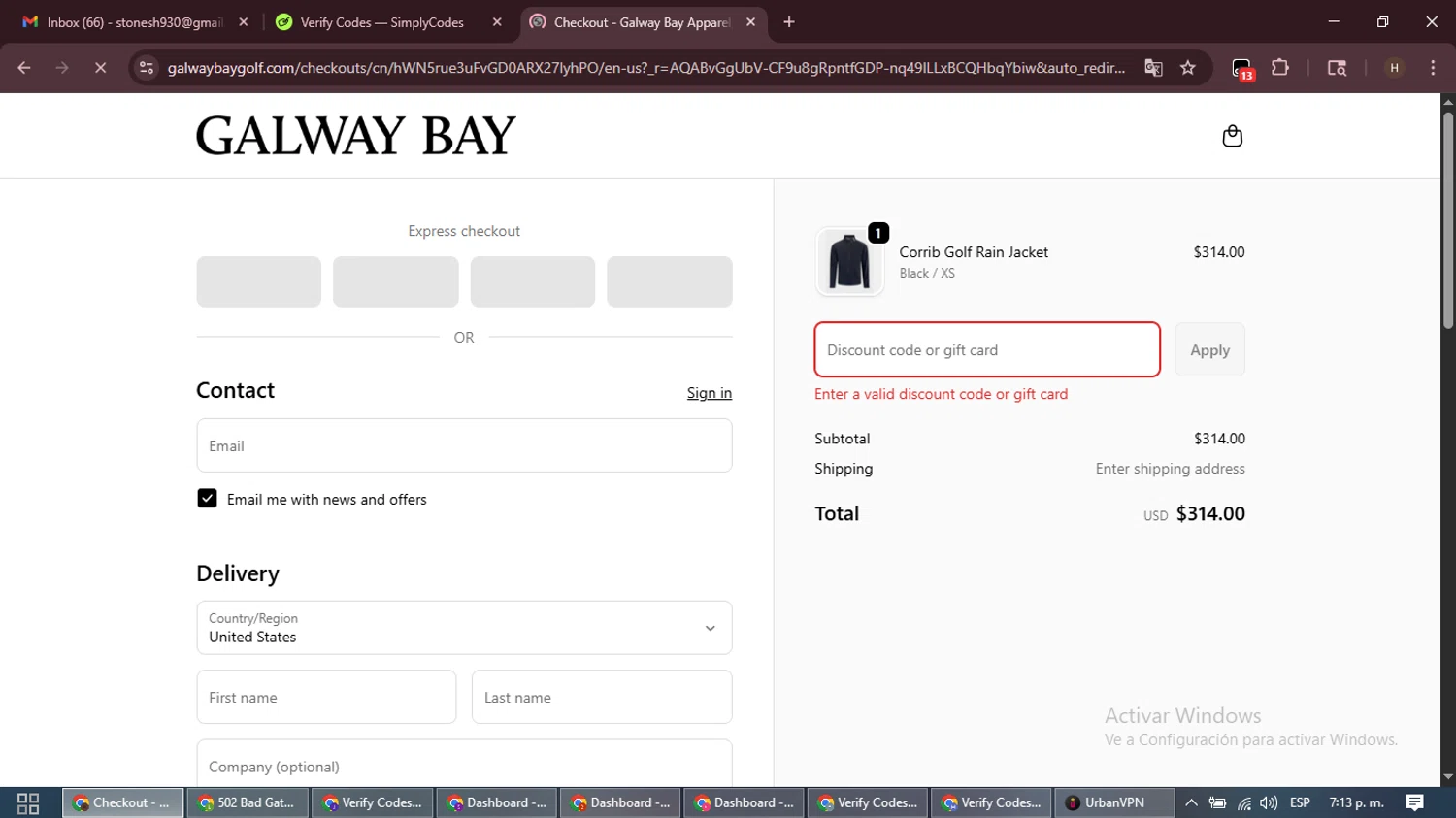 Galway Bay Apparel, LLC promo code screenshot showing code WELCOME10 applied at Galway Bay Apparel, LLC checkout page. Uploaded by SimplyCodes community member VictoriousPioneer8823 on Nov 29, 2025