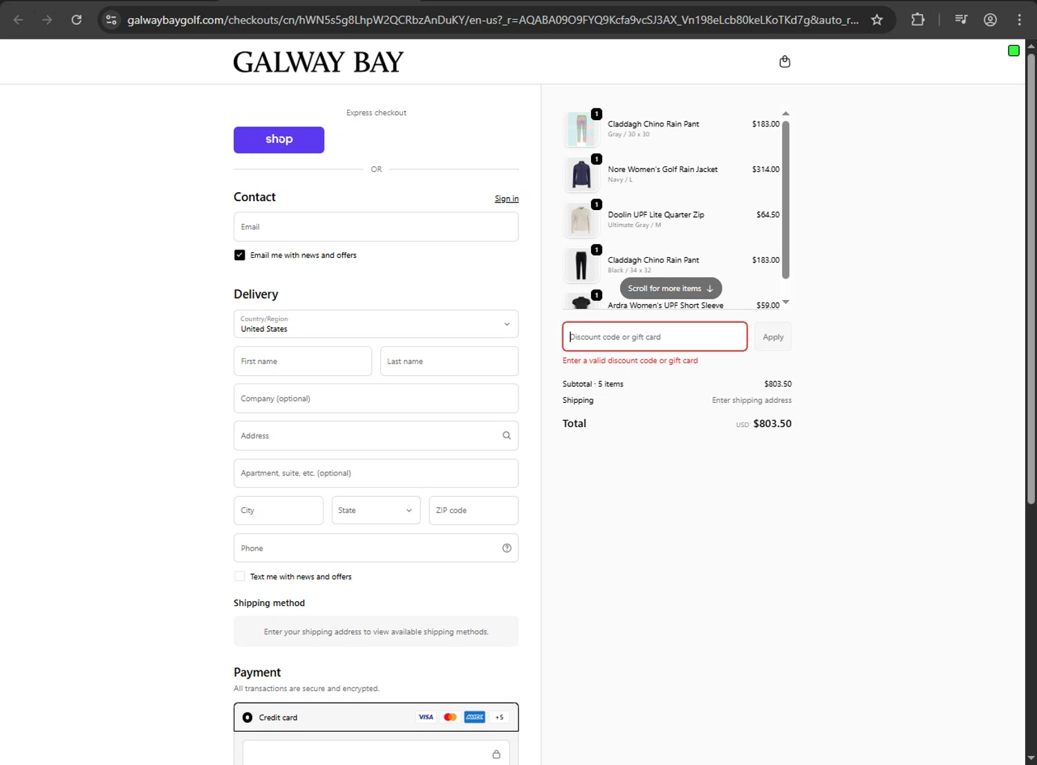 Galway Bay Apparel, LLC promo code screenshot showing code WELCOME10 applied at Galway Bay Apparel, LLC checkout page. Uploaded by SimplyCodes community member fiadaz on Nov 30, 2025