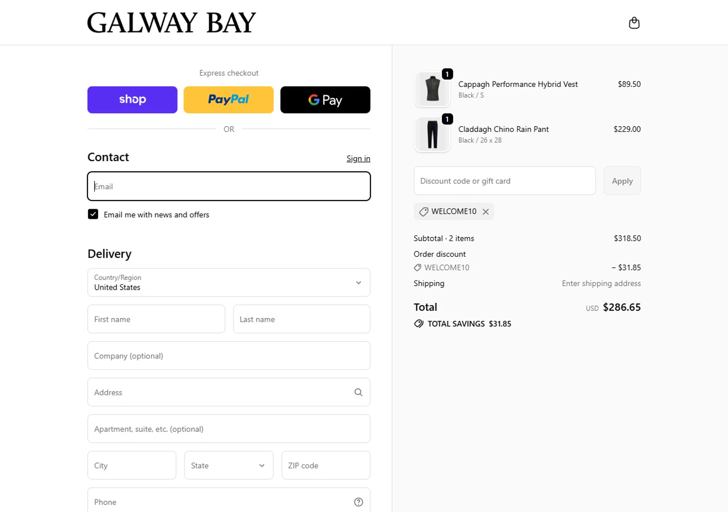 Galway Bay Apparel, LLC promo code screenshot showing code WELCOME10 applied at Galway Bay Apparel, LLC checkout page. Uploaded by SimplyCodes community member ivantorres on Dec 4, 2025