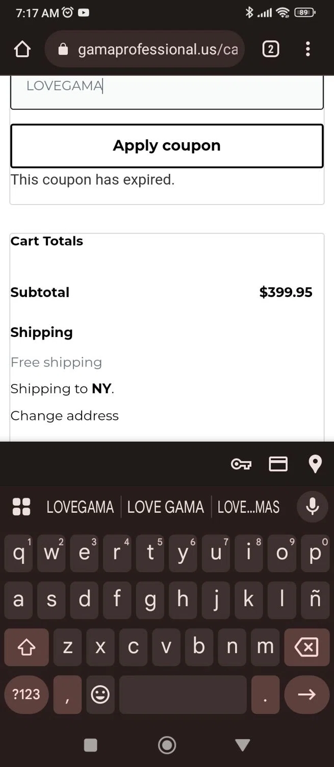 Gama Professional promo code screenshot showing code LOVEGAMA applied at Gama Professional checkout page. Uploaded by SimplyCodes community member MoneyPilot9165 on Mar 13, 2025