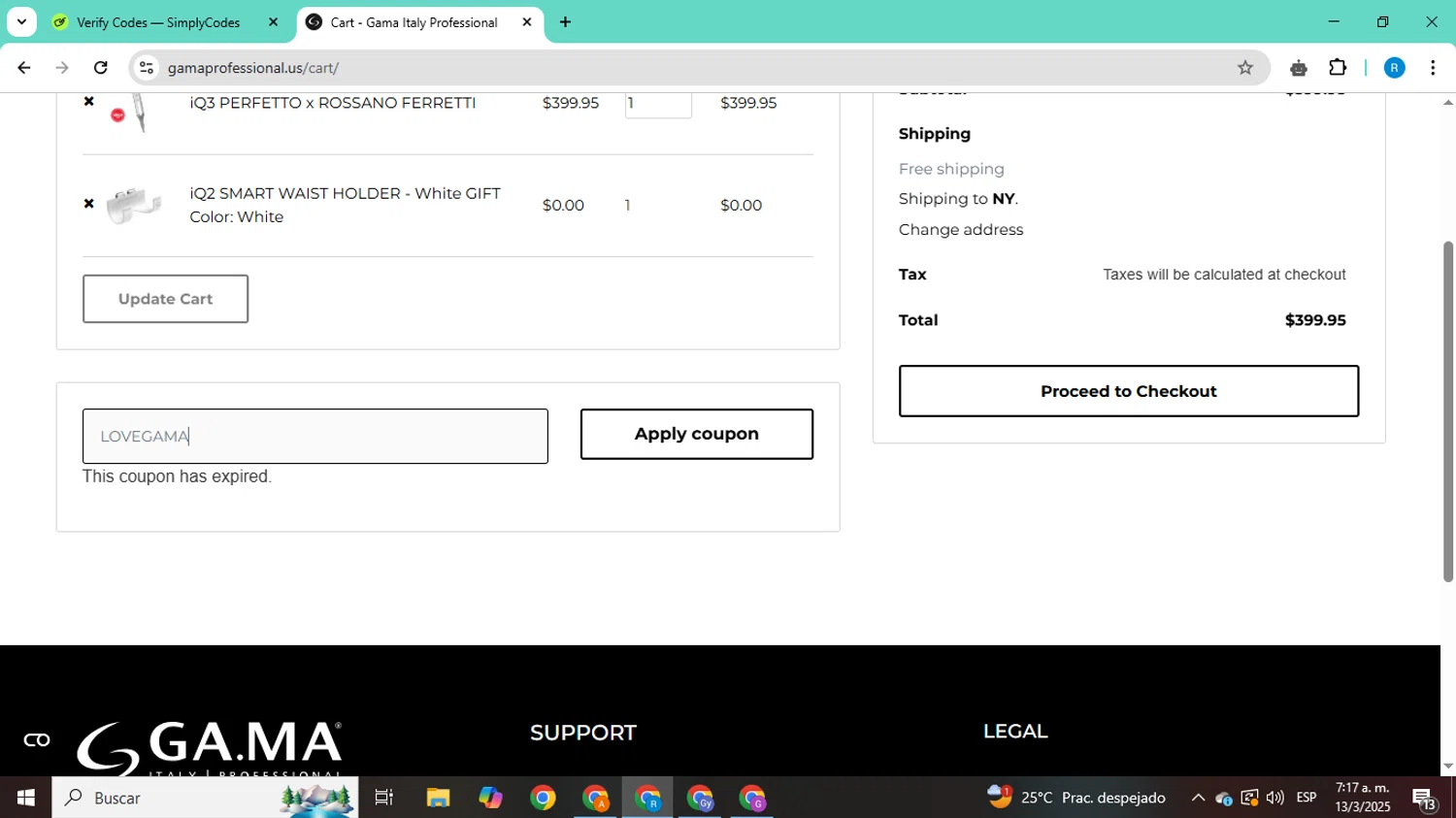 Gama Professional promo code screenshot showing code LOVEGAMA applied at Gama Professional checkout page. Uploaded by SimplyCodes community member CodeShopper8605 on Mar 13, 2025
