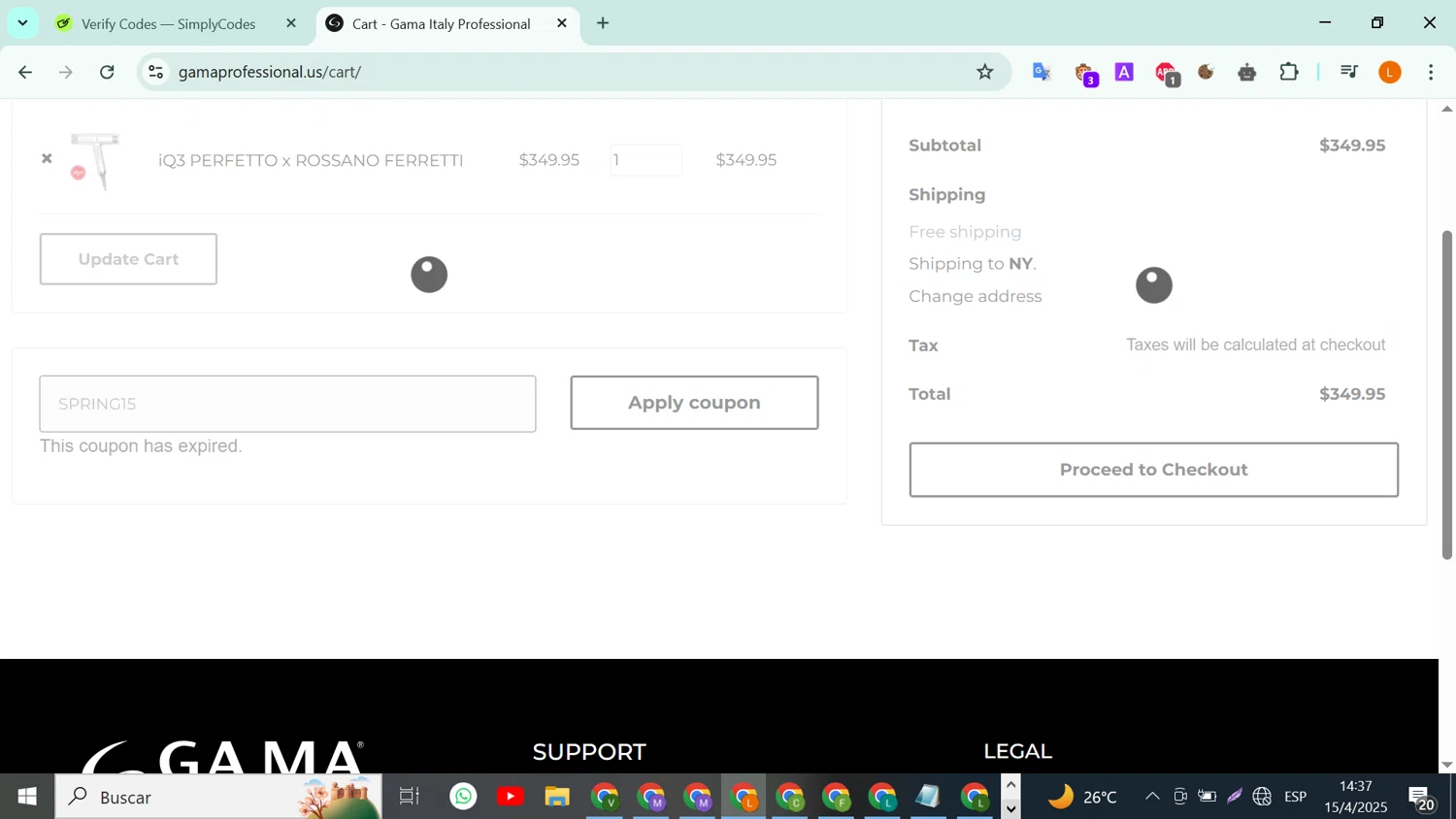Gama Professional promo code screenshot showing code SPRING15 applied at Gama Professional checkout page. Uploaded by SimplyCodes community member RebateLegend8934 on Apr 15, 2025