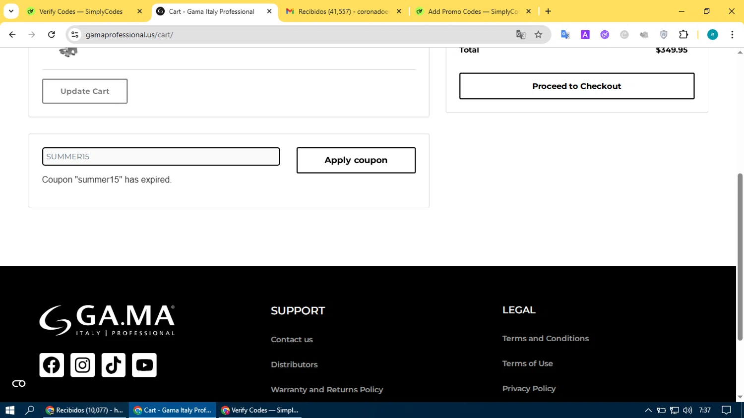 Gama Professional promo code screenshot showing code SUMMER15 applied at Gama Professional checkout page. Uploaded by SimplyCodes community member BonusVoyager4214 on Aug 10, 2025