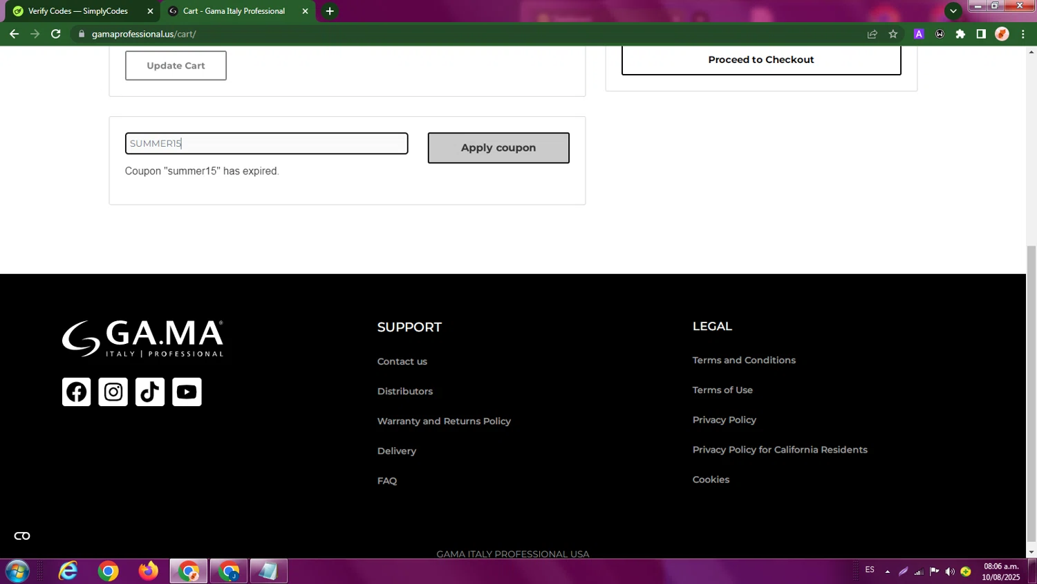 Gama Professional promo code screenshot showing code SUMMER15 applied at Gama Professional checkout page. Uploaded by SimplyCodes community member LegendaryBoss7060 on Aug 10, 2025