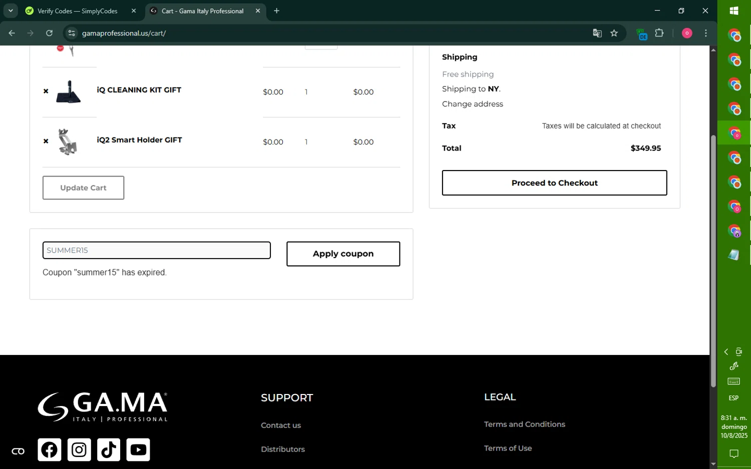 Gama Professional promo code screenshot showing code SUMMER15 applied at Gama Professional checkout page. Uploaded by SimplyCodes community member RebateNavigator926 on Aug 10, 2025