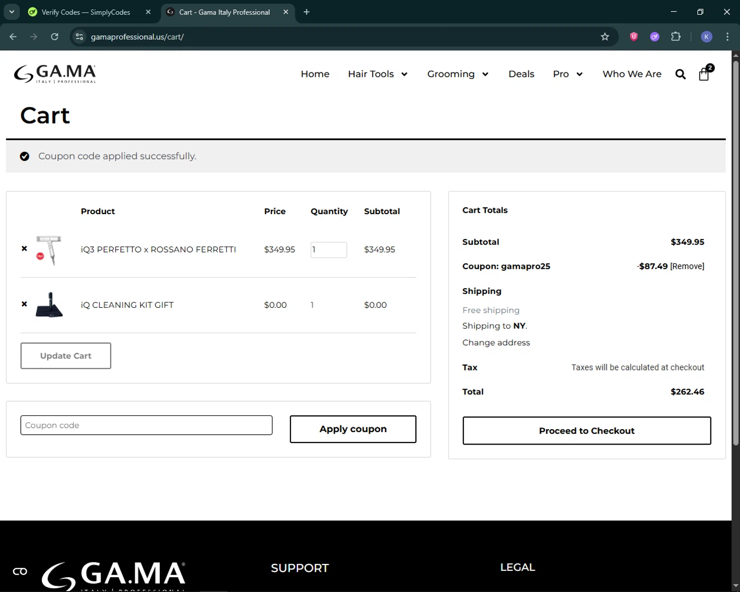 Gama Professional promo code screenshot showing code GAMAPRO25 applied at Gama Professional checkout page. Uploaded by SimplyCodes community member KevLapage on Dec 20, 2025