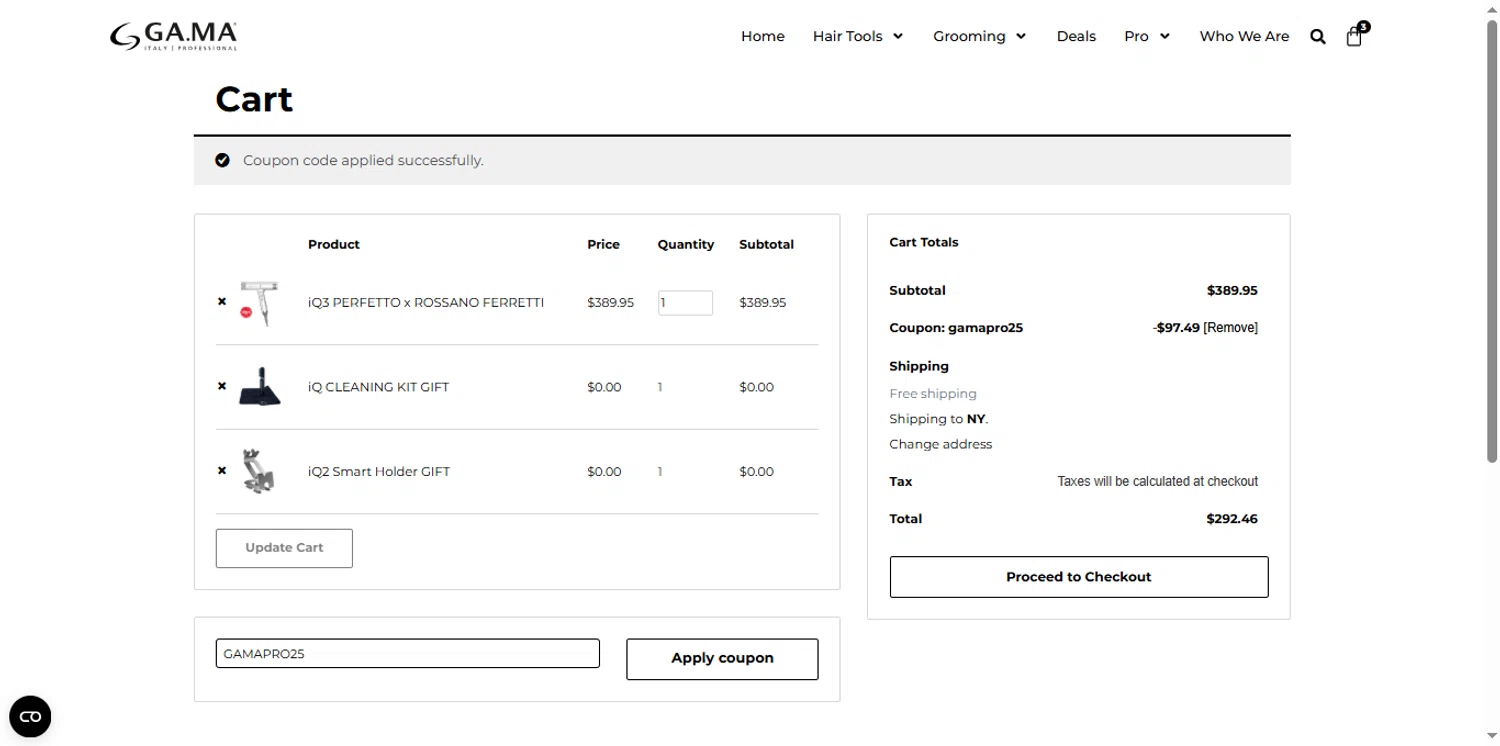 Gama Professional promo code screenshot showing code GAMAPRO25 applied at Gama Professional checkout page. Uploaded by SimplyCodes community member renegul on Sep 24, 2025