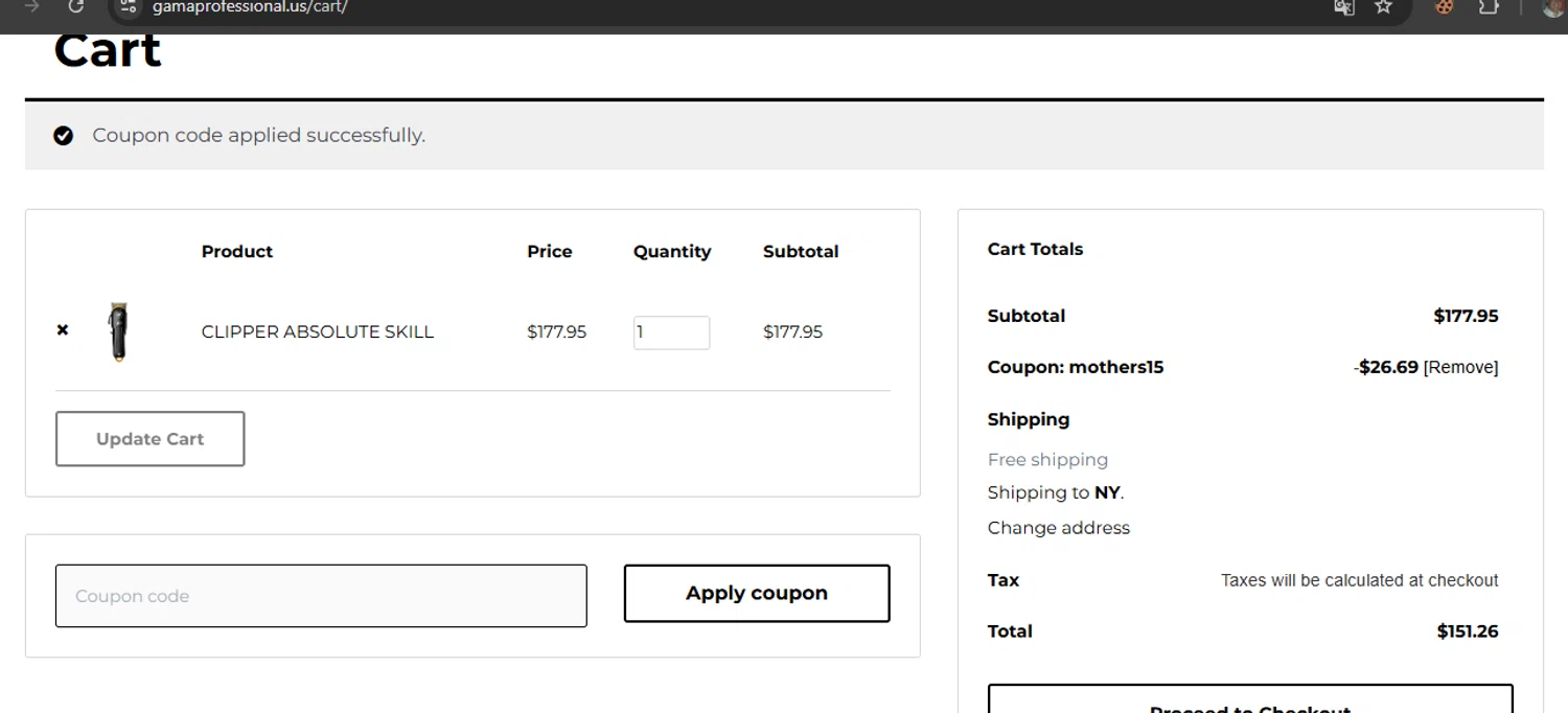 Gama Professional promo code screenshot showing code MOTHERS15 applied at Gama Professional checkout page. Uploaded by SimplyCodes community member javierprez on May 2, 2025