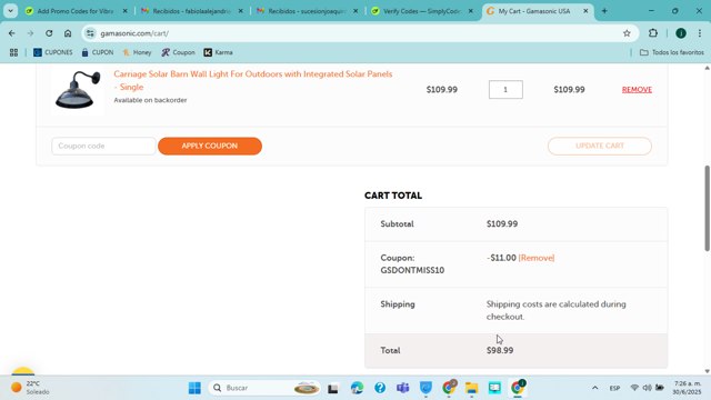 Gama Sonic checkout page showing Gama Sonic coupon code box | Screenshot taken by SimplyCodes community member on Jun 30, 2025