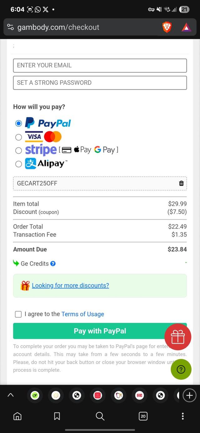 Gambody checkout page showing Gambody discount code box | Screenshot taken by SimplyCodes community member on Aug 23, 2025