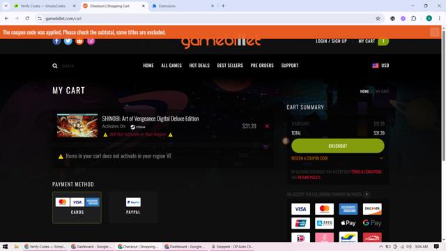 GameBillet checkout page showing GameBillet coupon code box | Screenshot taken by SimplyCodes community member on Aug 8, 2025
