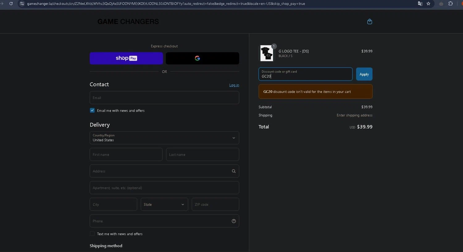 GAME CHANGERS discount code screenshot showing code GC20 applied at GAME CHANGERS checkout page. Uploaded by SimplyCodes community member ThriftyLegend5118 on Apr 9, 2025