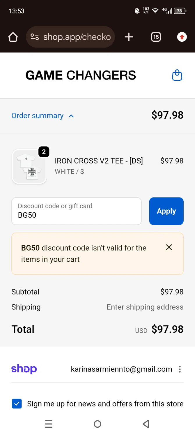GAME CHANGERS discount code screenshot showing code BG50 applied at GAME CHANGERS checkout page. Uploaded by SimplyCodes community member Olivatle on Dec 12, 2025