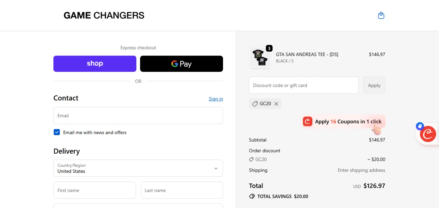 GAME CHANGERS discount code screenshot showing code GC20 applied at GAME CHANGERS checkout page. Uploaded by SimplyCodes community member RewardLynx9164 on Sep 24, 2025