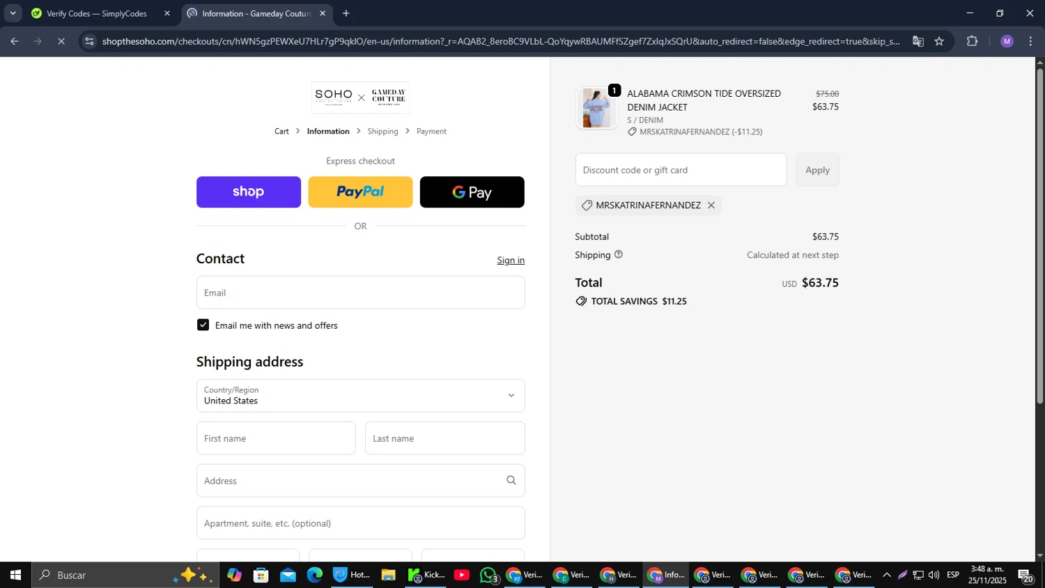 Gameday Couture coupon code screenshot showing code MRSKATRINAFERNANDEZ applied at Gameday Couture checkout page. Uploaded by SimplyCodes community member CouponGuardian8137 on Nov 25, 2025