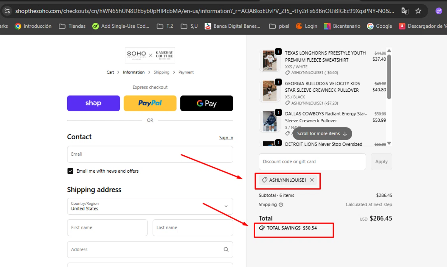 Gameday Couture coupon code screenshot showing code ASHLYNNLOUISE1 applied at Gameday Couture checkout page. Uploaded by SimplyCodes community member BonusDefender5542 on Dec 5, 2025