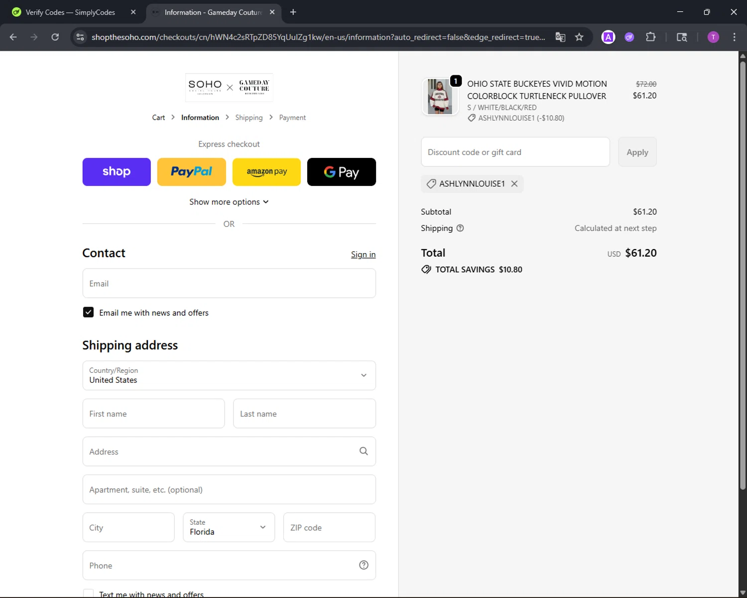 Gameday Couture coupon code screenshot showing code ASHLYNNLOUISE1 applied at Gameday Couture checkout page. Uploaded by SimplyCodes community member CleverFinder9623 on Oct 27, 2025