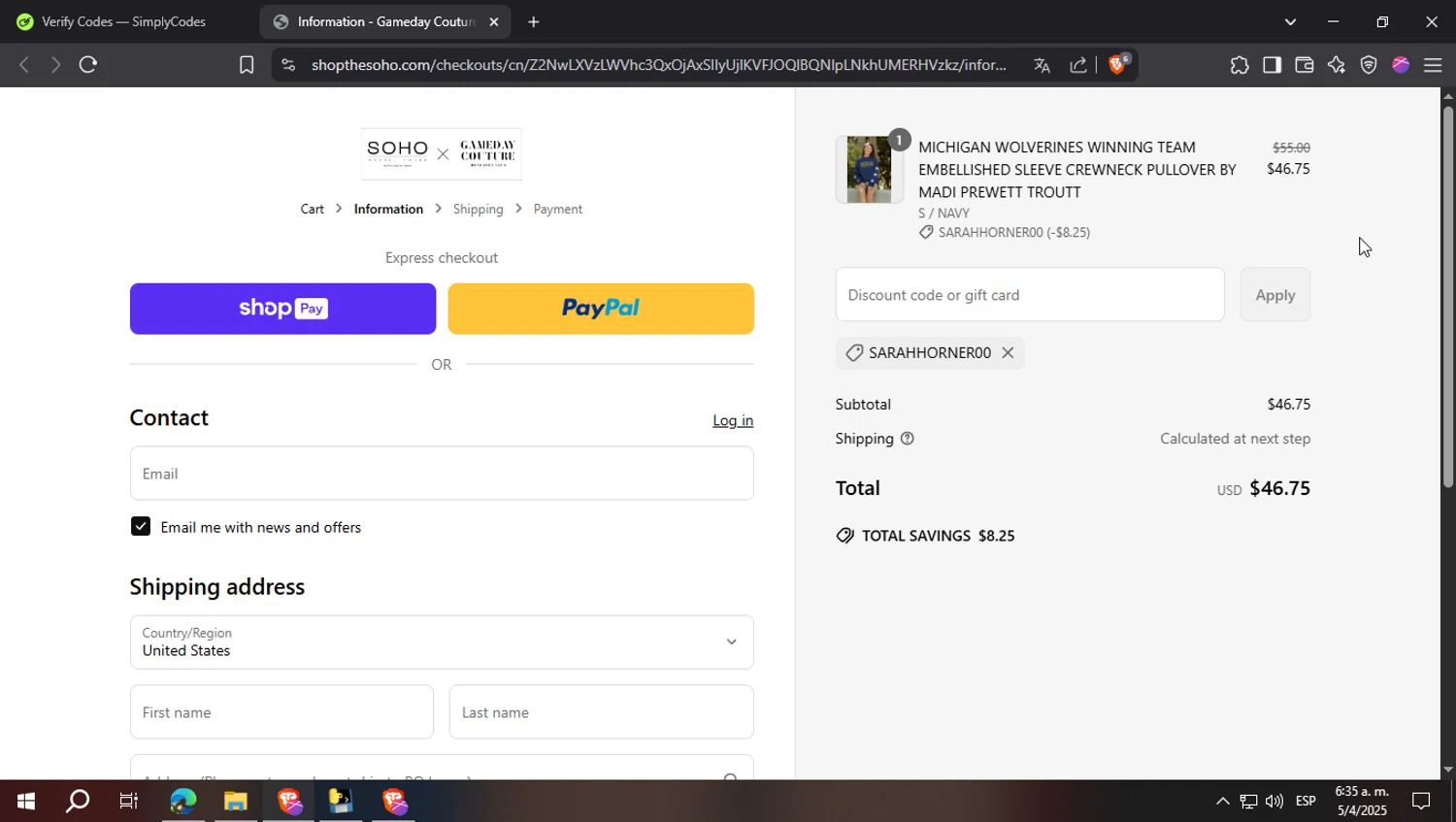 Gameday Couture coupon code screenshot showing code SARAHHORNER00 applied at Gameday Couture checkout page. Uploaded by SimplyCodes community member FrugalFalcon7577 on Apr 5, 2025