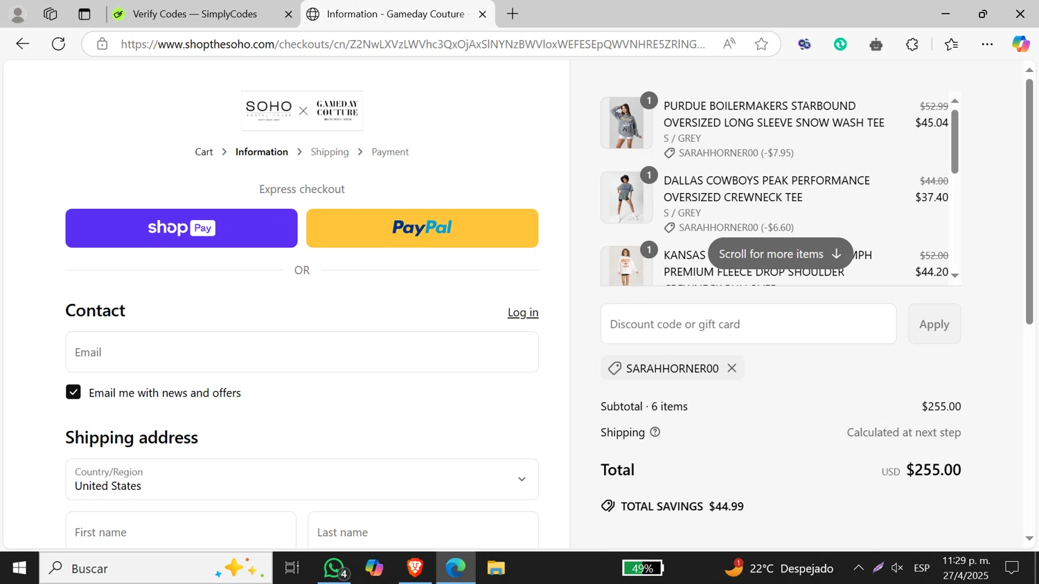 Gameday Couture coupon code screenshot showing code SARAHHORNER00 applied at Gameday Couture checkout page. Uploaded by SimplyCodes community member Jeffersontorrealba on Apr 28, 2025