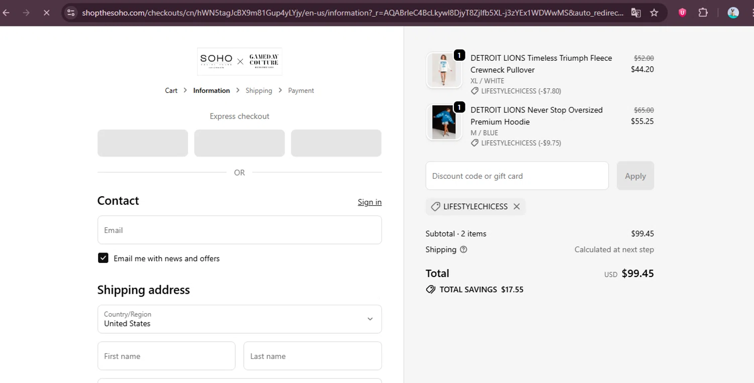 Gameday Couture coupon code screenshot showing code LIFESTYLECHICESS applied at Gameday Couture checkout page. Uploaded by SimplyCodes community member elgatobravo on Dec 5, 2025