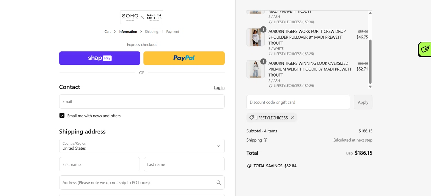 Gameday Couture coupon code screenshot showing code LIFESTYLECHICESS applied at Gameday Couture checkout page. Uploaded by SimplyCodes community member HoneyJean on Mar 8, 2025