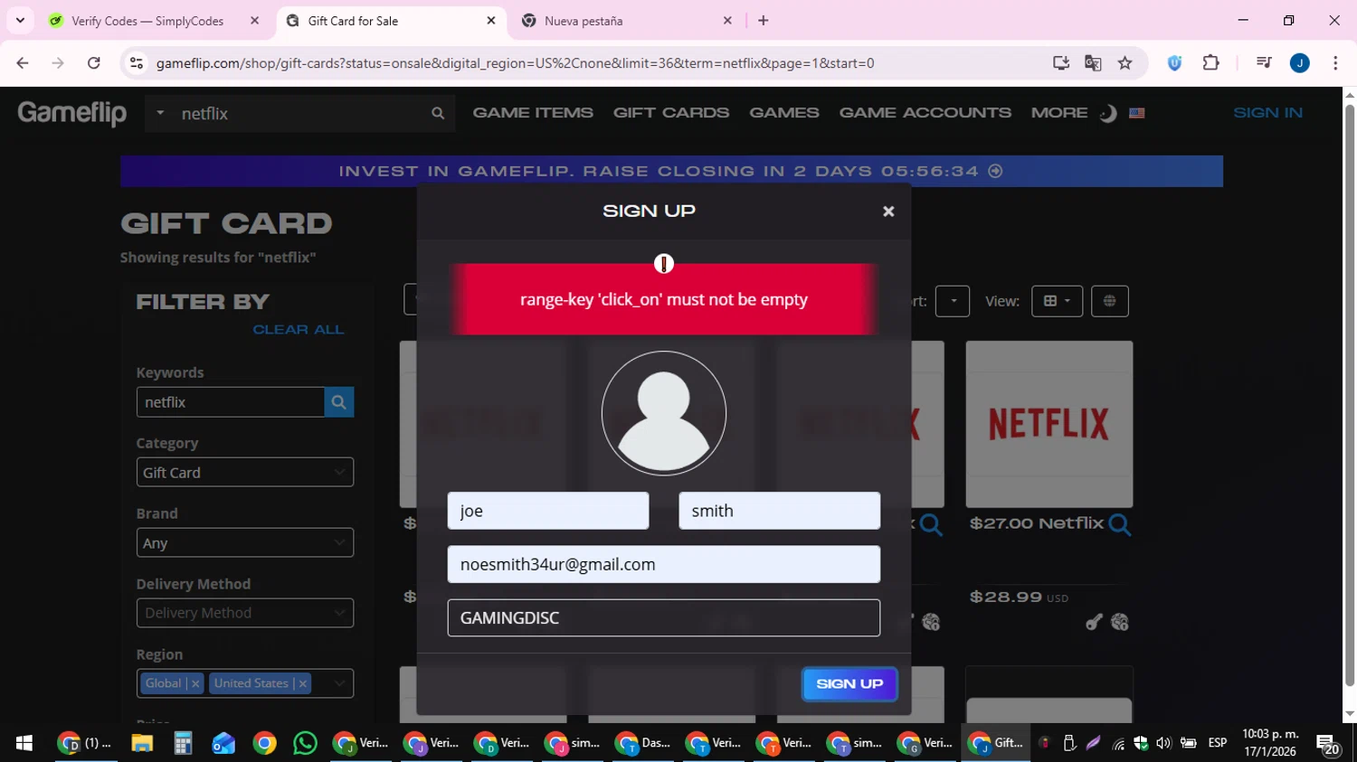 Gameflip promo code screenshot showing code GAMINGDISC applied at Gameflip checkout page. Uploaded by SimplyCodes community member noesmith34ur on Jan 18, 2026