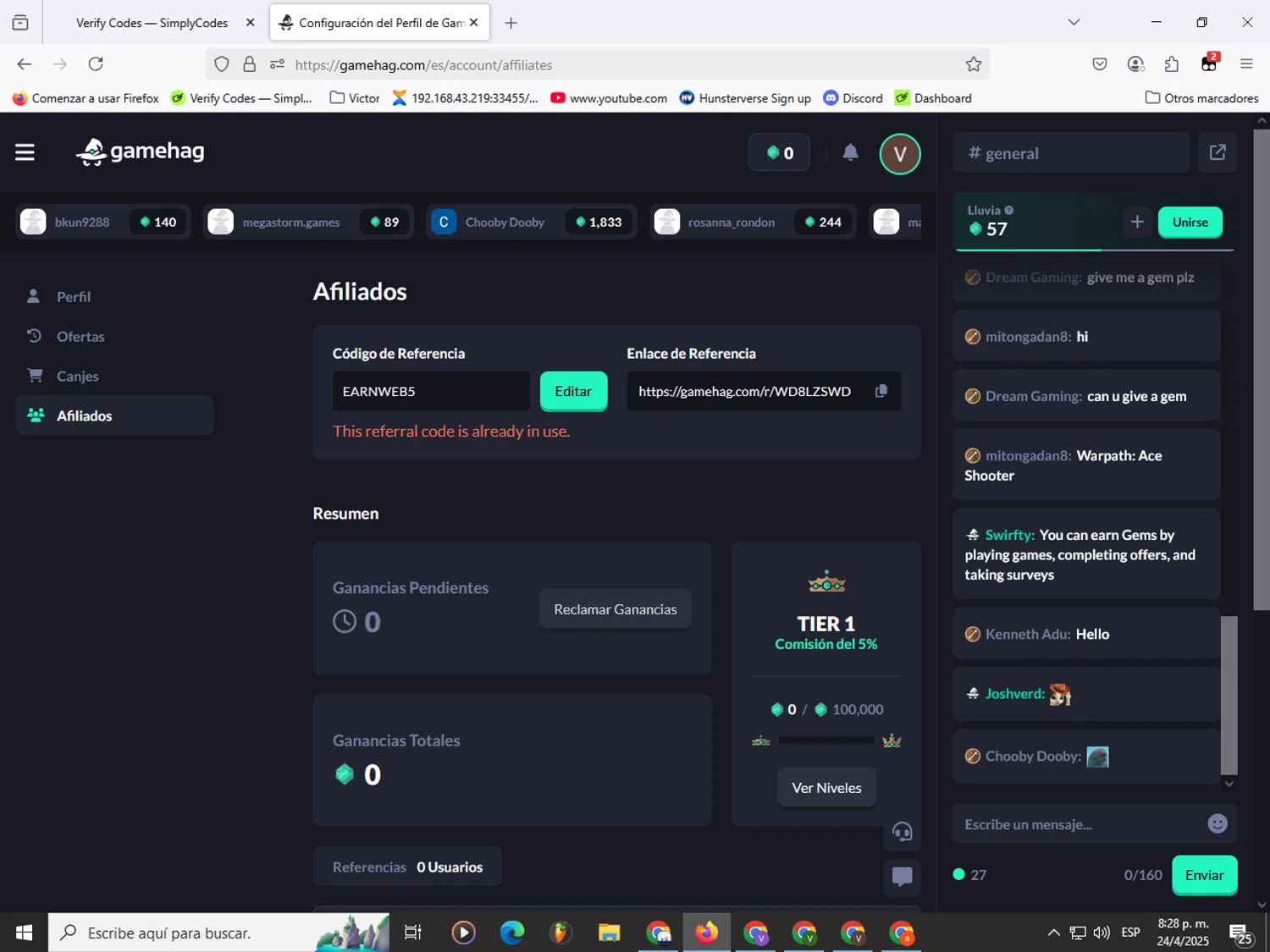 Gamehag promo code screenshot showing code EARNWEB5 applied at Gamehag checkout page. Uploaded by SimplyCodes community member Garou_Y2K on Apr 25, 2025