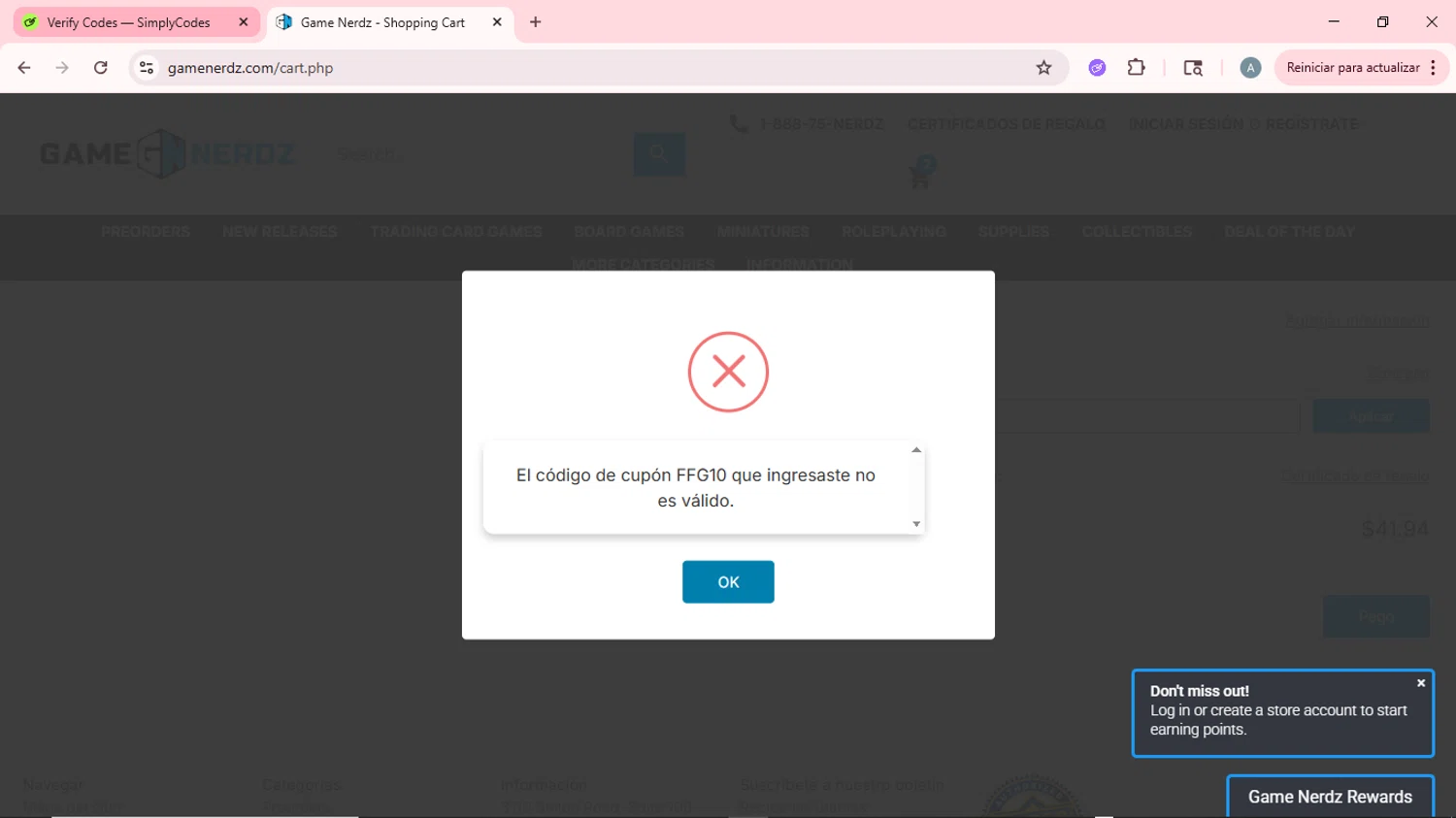 Game Nerdz coupon code screenshot showing code FFG10 applied at Game Nerdz checkout page. Uploaded by SimplyCodes community member CrownSpotter6947 on Aug 14, 2025