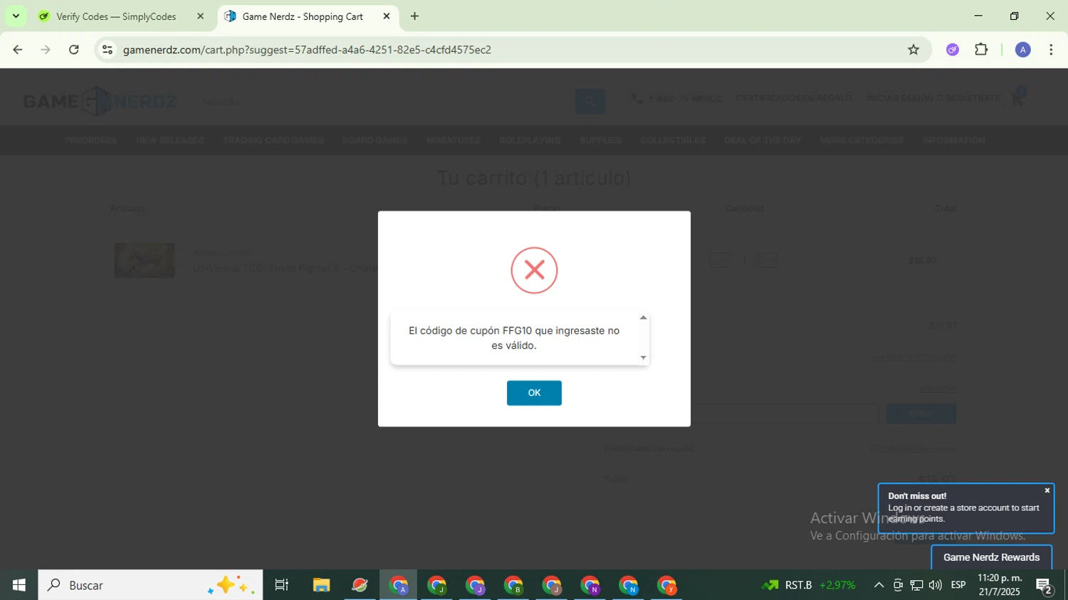 Game Nerdz coupon code screenshot showing code FFG10 applied at Game Nerdz checkout page. Uploaded by SimplyCodes community member TreasureCaptain5531 on Jul 22, 2025
