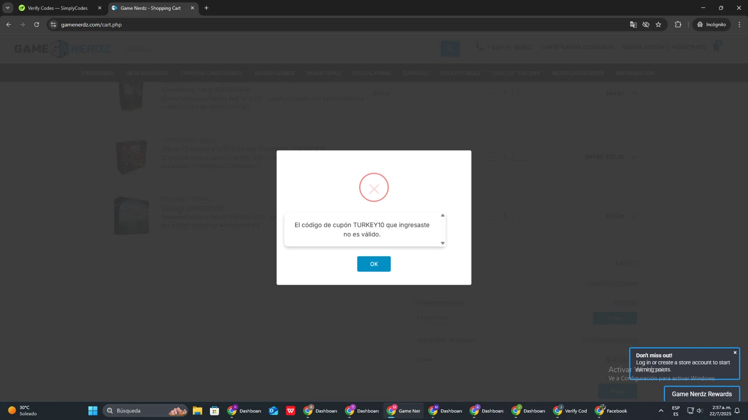Game Nerdz coupon code screenshot showing code TURKEY10 applied at Game Nerdz checkout page. Uploaded by SimplyCodes community member CBR600 on Jul 22, 2025