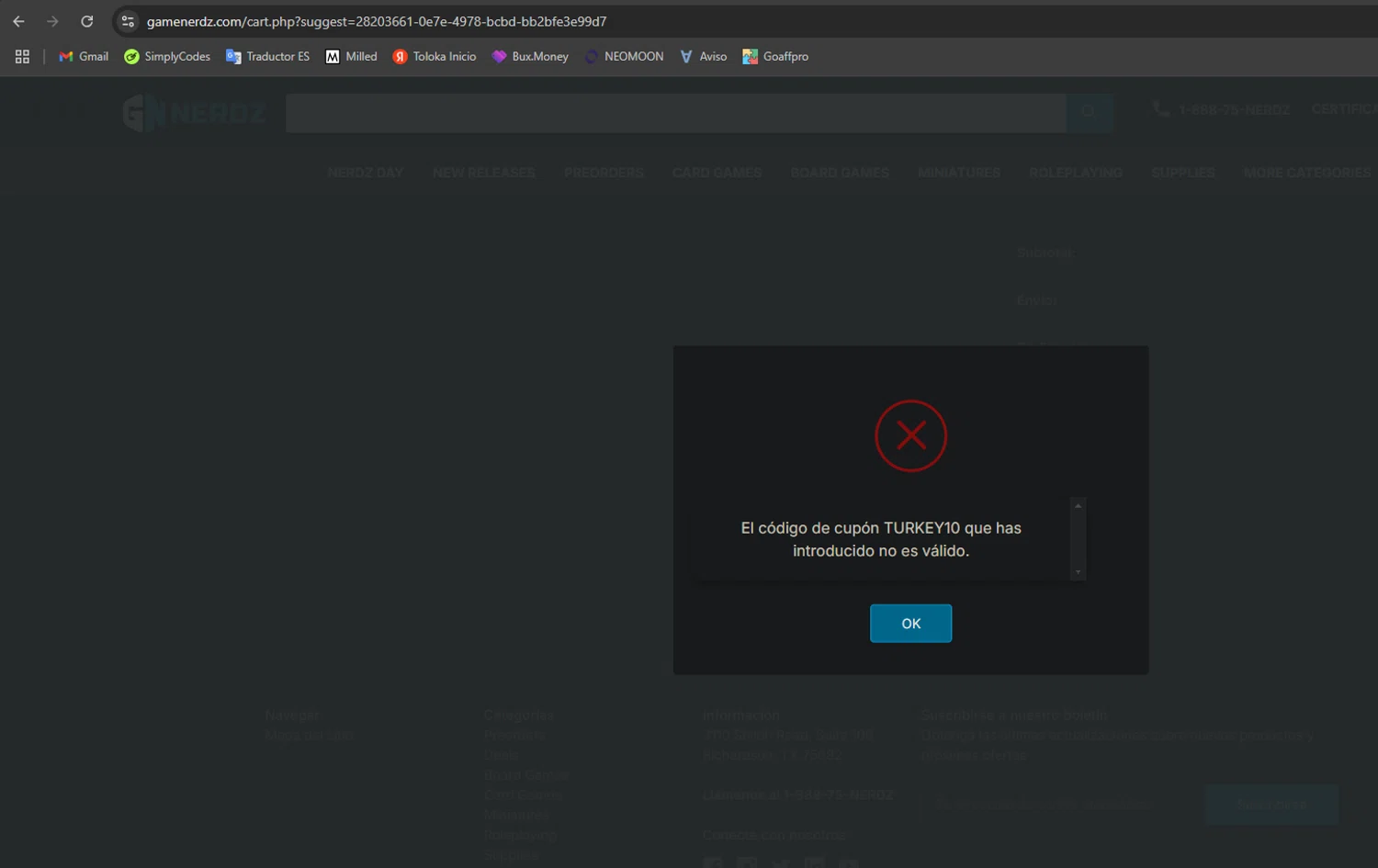 Game Nerdz coupon code screenshot showing code TURKEY10 applied at Game Nerdz checkout page. Uploaded by SimplyCodes community member JoseTorrez on Mar 1, 2025