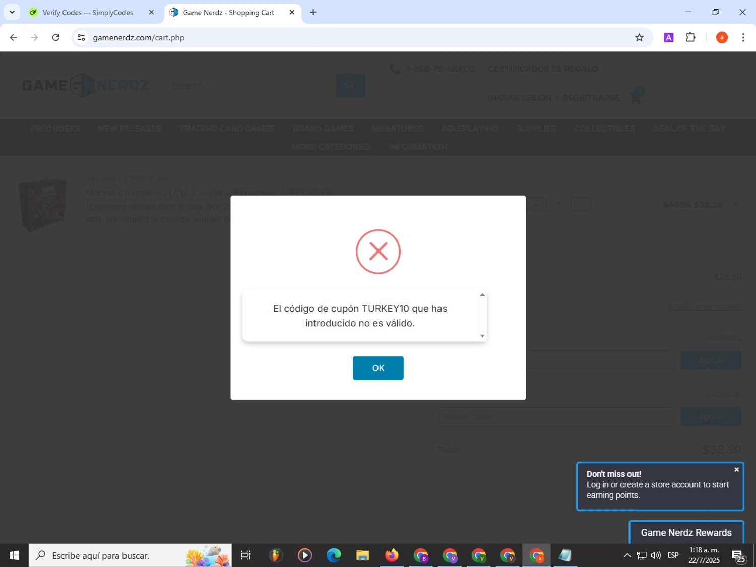 Game Nerdz coupon code screenshot showing code TURKEY10 applied at Game Nerdz checkout page. Uploaded by SimplyCodes community member partenalgas on Jul 22, 2025