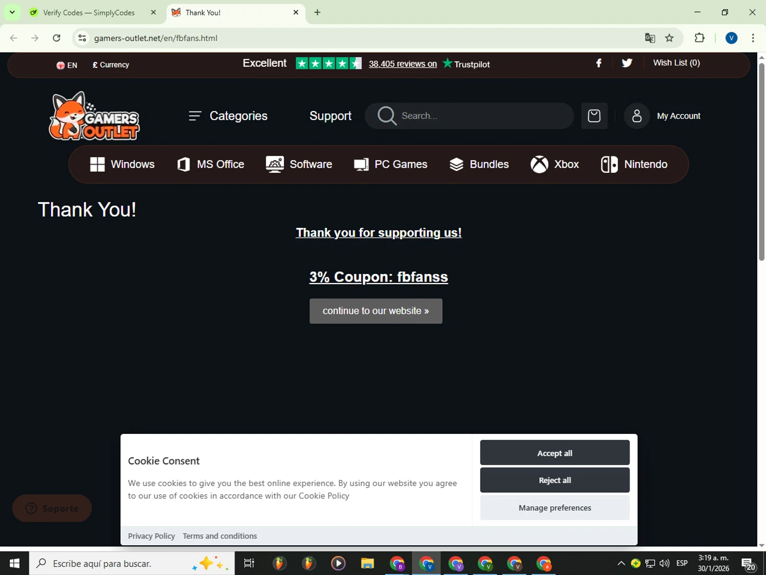 Gamers Outlet checkout page showing Gamers Outlet coupon code box | Screenshot taken by SimplyCodes community member on Jan 30, 2026