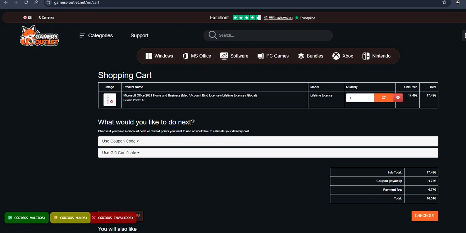 Gamers Outlet promo code screenshot showing code loyal10 applied at Gamers Outlet checkout page. Uploaded by SimplyCodes community member Jmhernand1 on Jun 8, 2026
