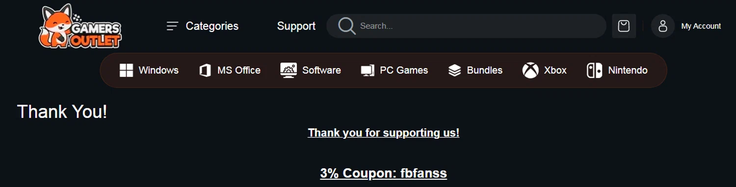 Gamers Outlet coupon code screenshot showing code fbfanss applied at Gamers Outlet checkout page. Uploaded by SimplyCodes community member RonaldAcunaJr on Feb 12, 2026