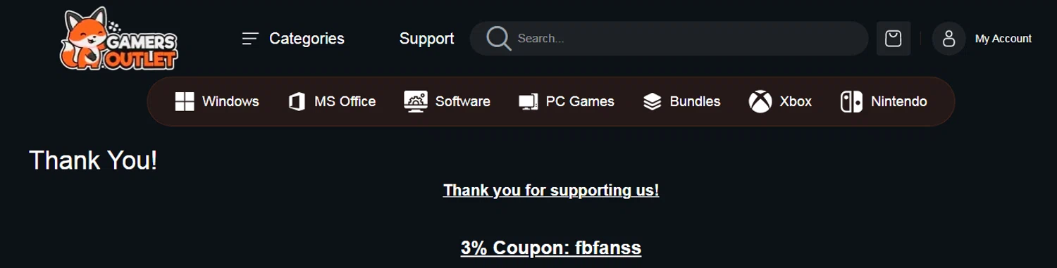 Gamers Outlet coupon code screenshot showing code fbfanss applied at Gamers Outlet checkout page. Uploaded by SimplyCodes community member RonaldAcunaJr on Feb 5, 2026