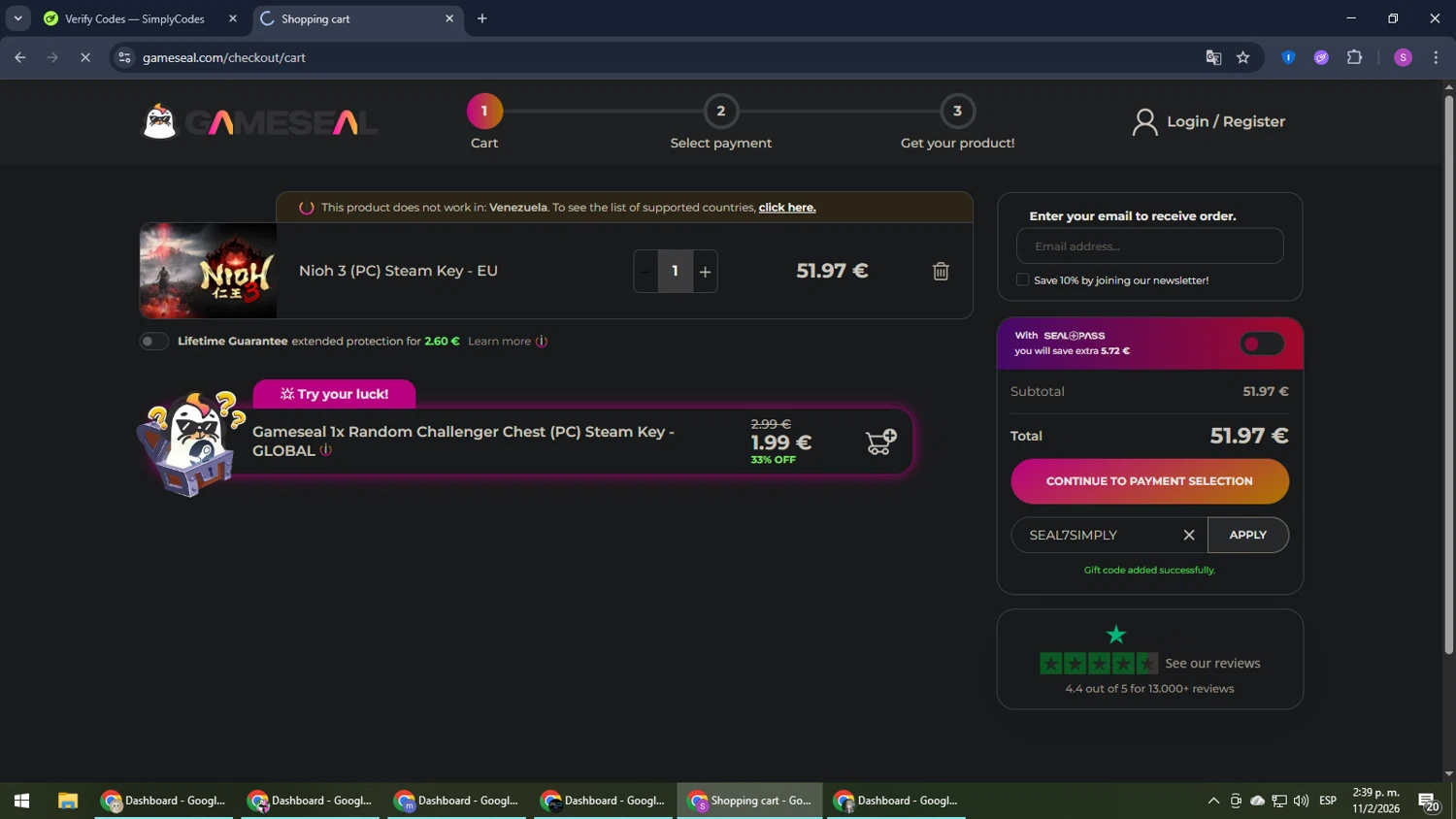 Gameseal.com discount code screenshot showing code SEAL7SIMPLY applied at Gameseal.com checkout page. Uploaded by SimplyCodes community member Son_Goku on Feb 11, 2026