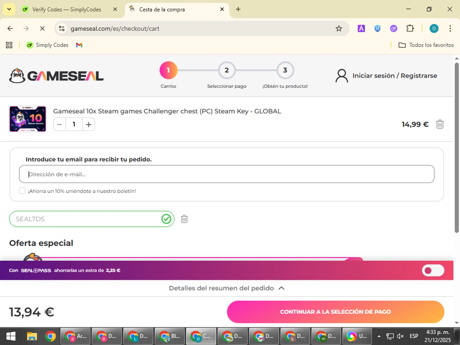 Gameseal.com discount code screenshot showing code SEAL7DS applied at Gameseal.com checkout page. Uploaded by SimplyCodes community member BudgetSeeker9524 on Dec 21, 2025