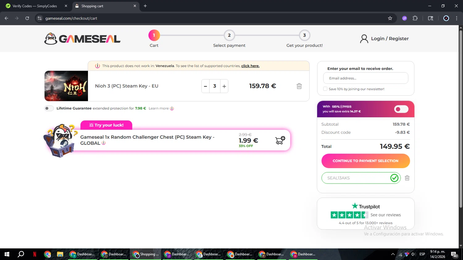 Gameseal.com checkout page showing Gameseal.com discount code box | Screenshot taken by SimplyCodes community member on Feb 15, 2026