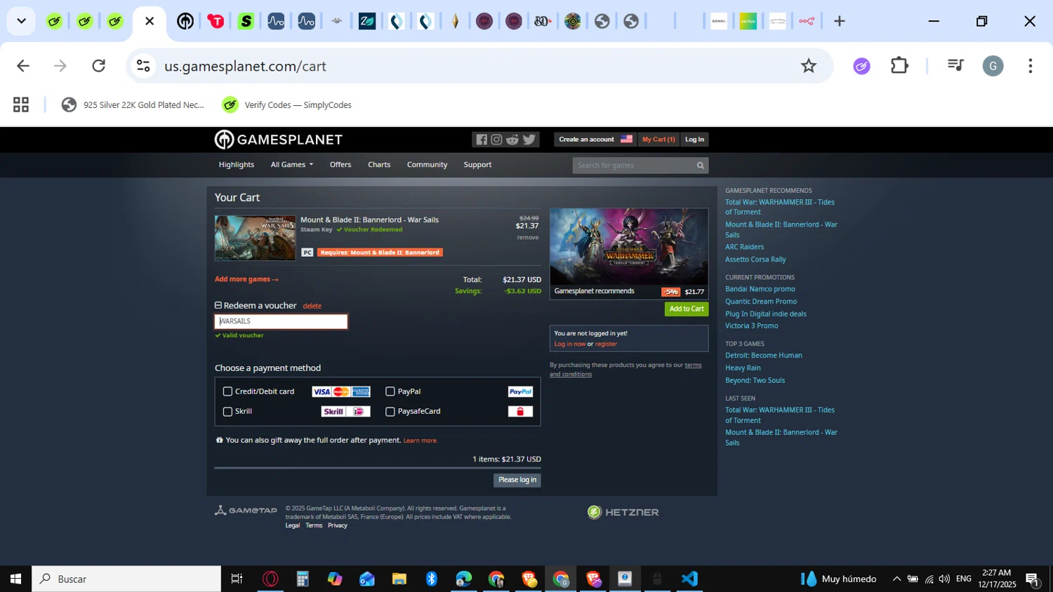 Gamesplanet checkout page showing Gamesplanet promo code box | Screenshot taken by SimplyCodes community member on Dec 17, 2025